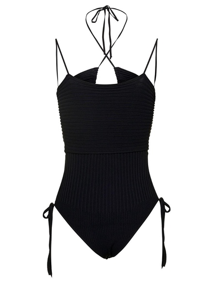 Black Ribbed Body-suit With Cut-out Detail And Halterneck In Viscose Blend Woman
