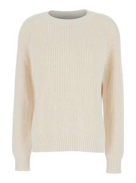White Knit Crewneck Sweater In Cotton And Cashmere Blend Woman