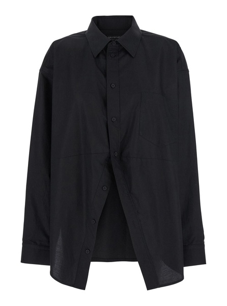 Black Shirt With Pointed Collar And Front Slit In Cotton Woman