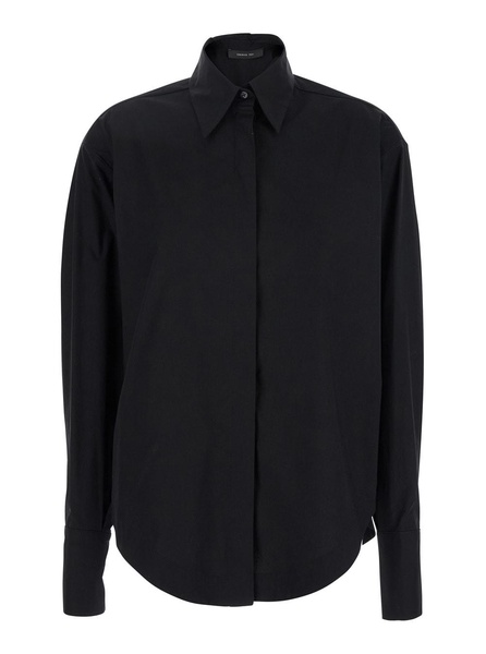 Black Shirt With Pointed Collar And Metallic Details On The Cuffs In Fabric Woman