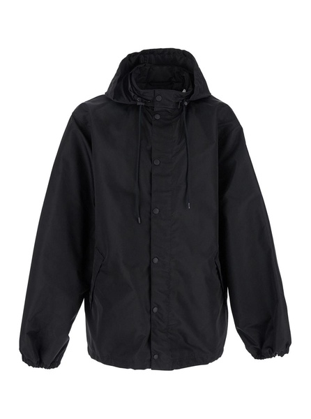 Balenciaga Black Jacket With Drawstring Hood And Maxi Logo Lettering Print On The Rear In Tech Fabric Man
