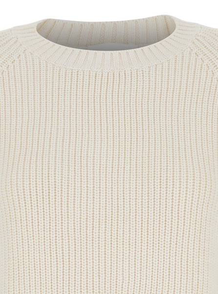 White Knit Crewneck Sweater In Cotton And Cashmere Blend Woman