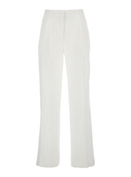 White Pants With Belt Loops And Pence Details In Linen Woman