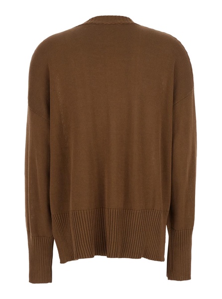 Brown Crewneck Sweater With Ribbed Trims In Cotton Woman