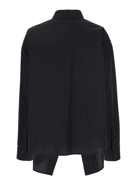 Black Shirt With Pointed Collar And Front Slit In Cotton Woman