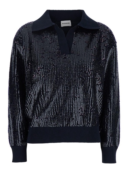 Blue Sweater With Polo Collar And All-over Applied Sequins In Cotton Woman