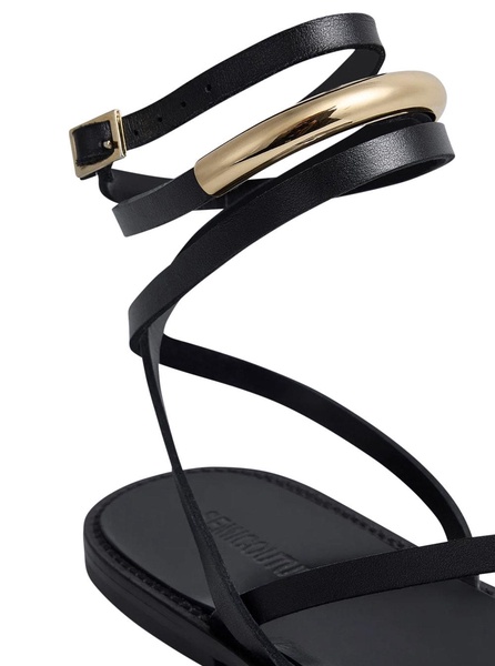 Black Sandals With Adjustable Ankle Strap In Leather Woman