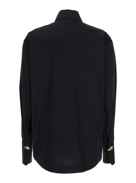 Black Shirt With Pointed Collar And Metallic Details On The Cuffs In Fabric Woman
