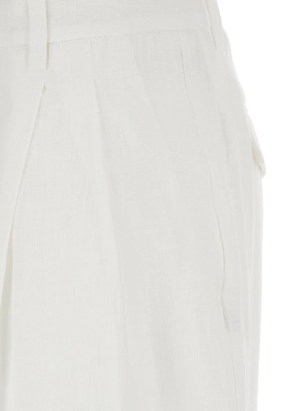 White Pants With Belt Loops And Pence Details In Linen Woman