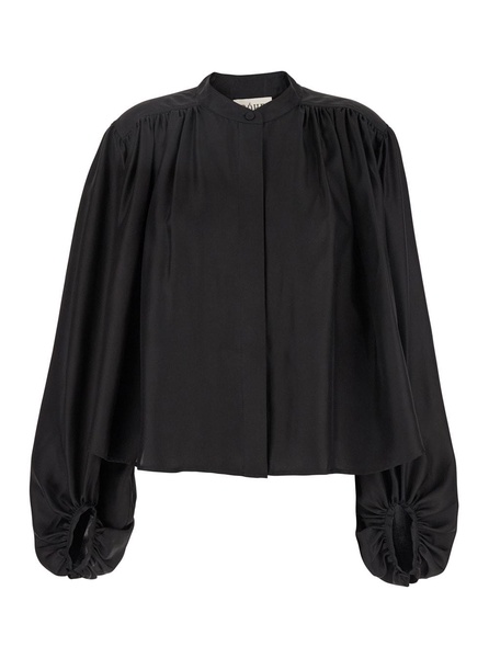 Black Top With Mandarin Collar And Front And Rear Gathers In Silk Woman