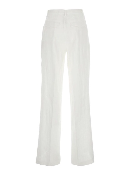 White Pants With Belt Loops And Pence Details In Linen Woman