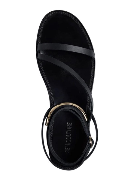 Black Sandals With Adjustable Ankle Strap In Leather Woman