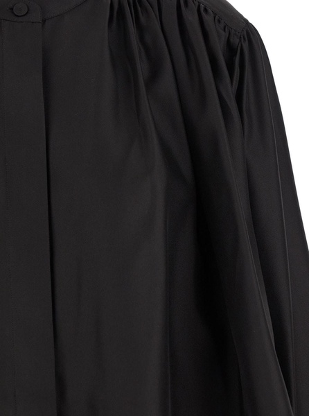 Black Top With Mandarin Collar And Front And Rear Gathers In Silk Woman