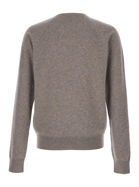 Saint Laurent Beige Crewneck Sweater With Cassandre In Cashmere Man