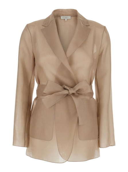 'james' Beige Jacket With Notched Revers And Adjustable Belt Closure In Silk Woman
