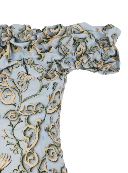 Blue Dress With Ruche And All-over Floral Printed Motif In Cotton Woman