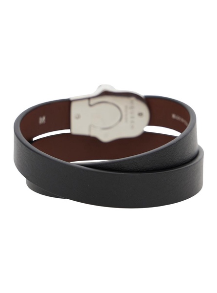 Black Bracelet with Skull Detail in Brass and Leather Man