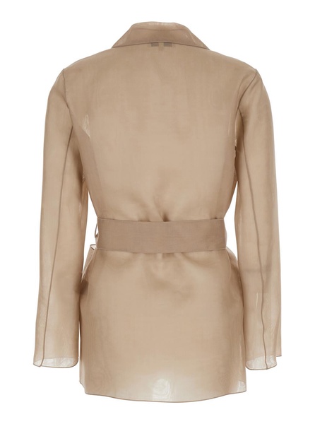 'james' Beige Jacket With Notched Revers And Adjustable Belt Closure In Silk Woman