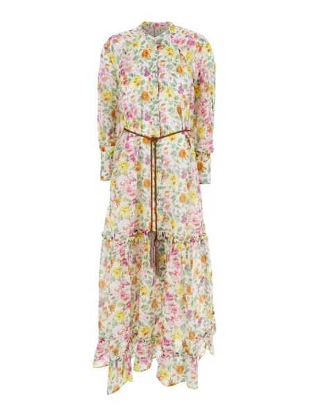'lee' Multicolor Crewneck Kaftan With All-over Floral Motif And Waist Cord In Cotton And Silk Blend Woman