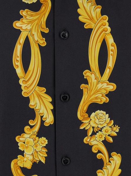 Black Shirt with Cuban Collar and All-Over Graphic Print in Silk Man