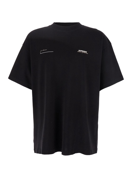 'patron Of The Club' Black Crewneck T-shirt With Front And Back Logo Print In Cotton Man