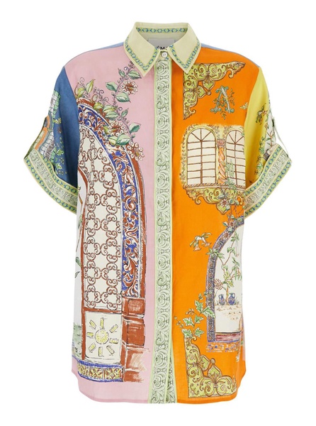 'monte' Multicolor Shirt With Color Block Inserts And Graphic Print In Linen Woman