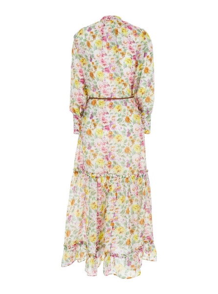 'lee' Multicolor Crewneck Kaftan With All-over Floral Motif And Waist Cord In Cotton And Silk Blend Woman