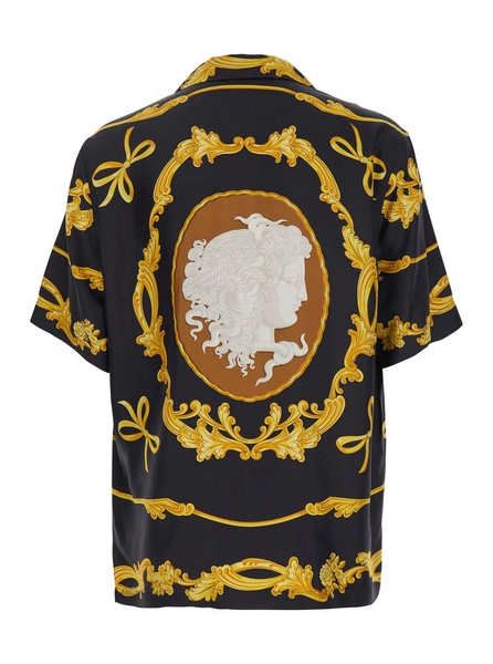 Black Shirt with Cuban Collar and All-Over Graphic Print in Silk Man