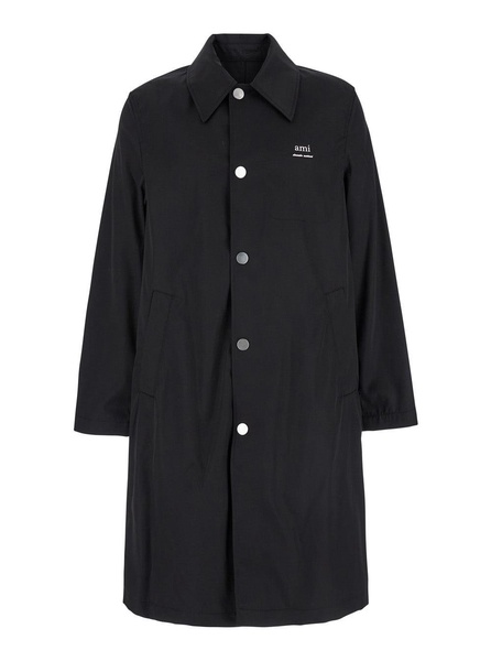 Ami Paris Black Coat With Classic Collar And Front Button Closure In Cotton Blend Man