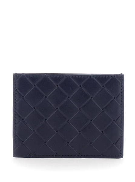 Bottega Veneta Blue Card Holder With Intreccio Motif And Embossed Logo In Leather Man