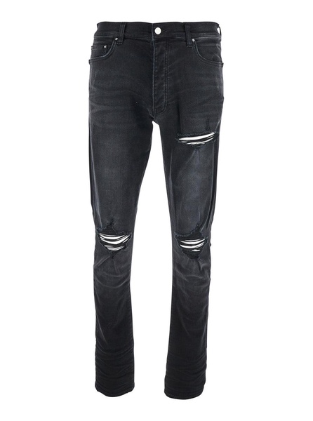 Amiri Black Jeans With Ripped Details On The Front And Logo Patch On The Rear In Denim Man