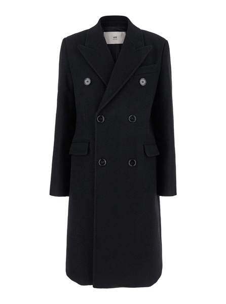 Ami Paris Black Double-Breasted Coat With Peak Revers In Wool Woman