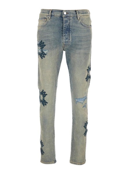 Amiri 'Ma Quad Applique' Blue Jeans With Embroidered Details On The Front And Logo Patch On The Rear In Denim Man