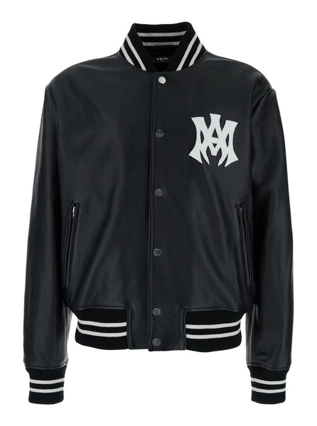 Amiri 'Ma Hollywood' Black Bomber Jacket With Logo Print On The Front And Maxi Logo Print On The Rear In Leather Man