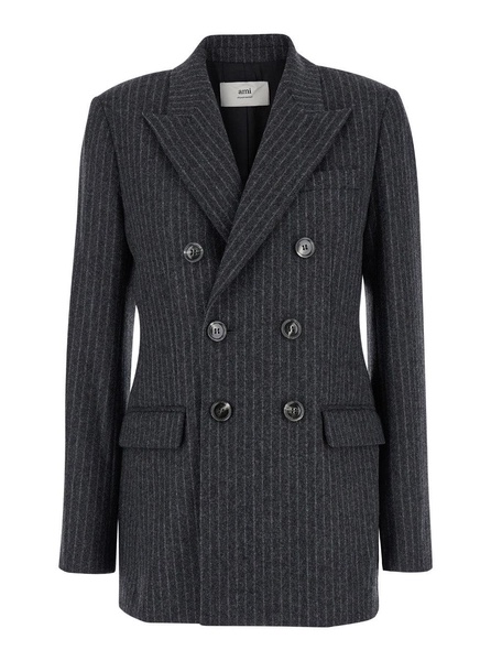 Ami Paris Grey Striped Double-Breasted Jacket In Wool Woman