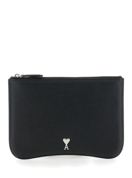 Ami Paris 'Paris Paris'black Pouch With Ami De Coeur Logo Detail On The Front In Grained Leather Man