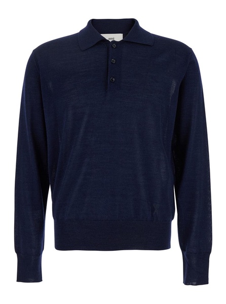 Ami Paris Blue Polo Shirt With Tone-On-Tone Embroidered Logo On The Front In Virgin Wool And Silk Blend Man