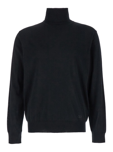 Valentino Garavani Black Turtleneck With Embroidered Vlogo In Wool Man
