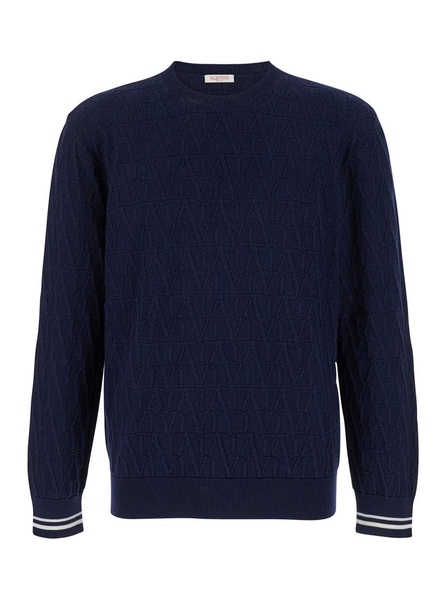Valentino Garavani Blue Crewneck Sweater In Jacquard Toile Iconographique Man