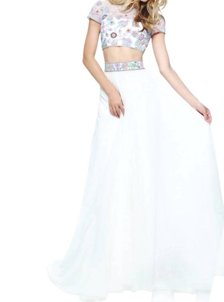 bohemian two-piece prom dress in ivory/multi
