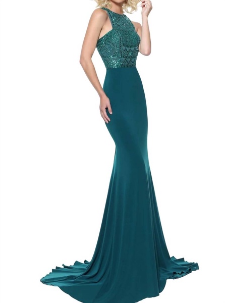 jersey sleeveless prom dress in emerald