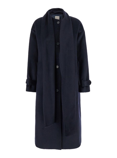 Blue Single-Breasted Long Coat With Scarf In Wool Blend Woman