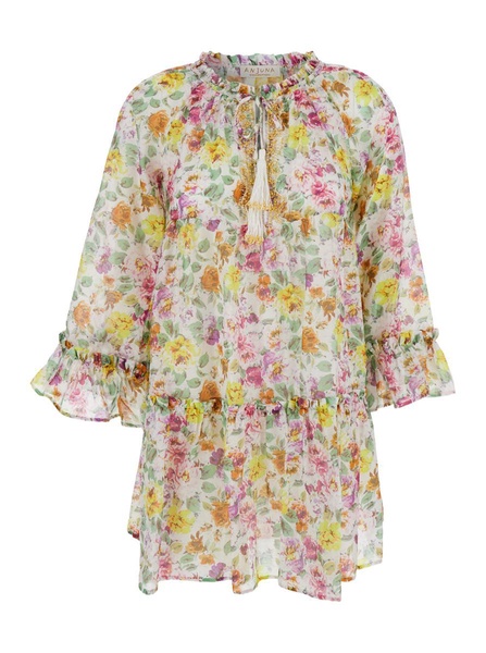 'Lara' Multicolor Short Dress With Ruched Sleeves And All-Over Floral Motif In Cotton And Silk Blend Woman