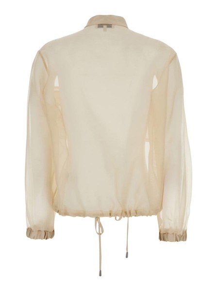 'Zaffiro' Beige Jacket With Puffed Sleeves And Drawstring Waist In Silk Woman