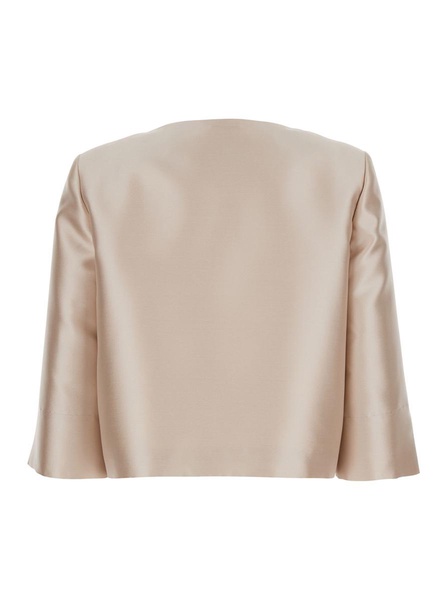 White Crop Jacket with Round Neck and Three Quarter Sleeve in Mikado Fabric Woman