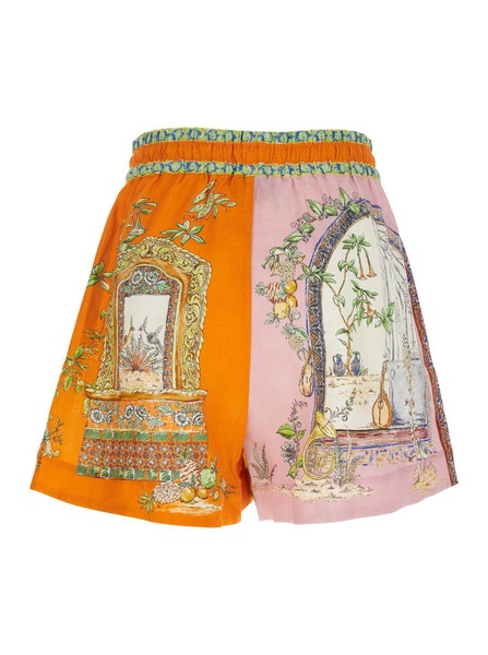 'Monte' Multicolor Shorts With Elastic Waist And Graphic Print In Linen Woman