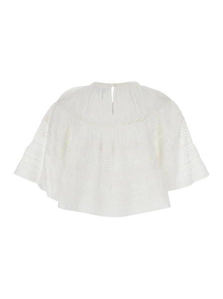 'Dilama' White Top With Round Neck And Broderie Anglaise In Cotton Woman