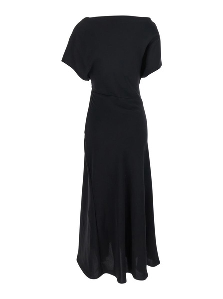 Black Long Dress With Square Neckline And Short Sleeves In Tech Fabric Woman