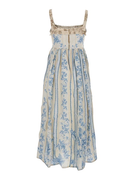 'Barbara' Blue Long Dress With All-Over Floral Embroidery In Linen Woman