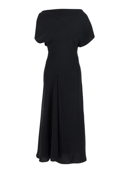 Black Long Dress With Square Neckline And Short Sleeves In Tech Fabric Woman